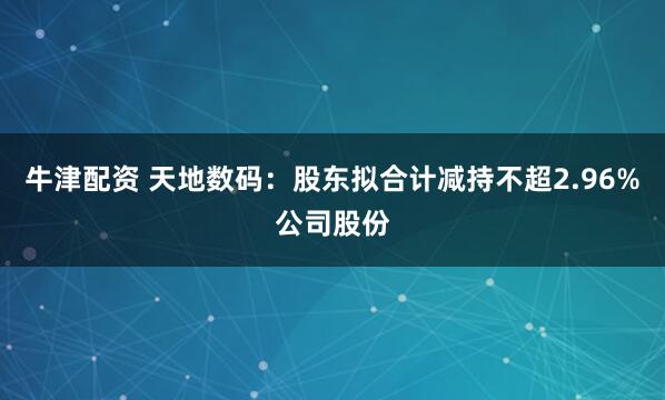 牛津配资 天地数码：股东拟合计减持不超2.96%公司股份